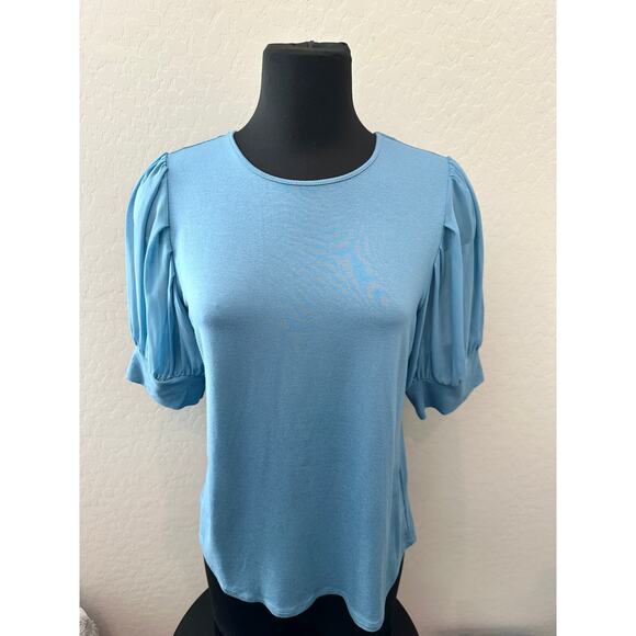 VINCE CAMUTO | Puff Sleeve Blue Knit Blouse Top | Size Medium - Picture 2 of 6